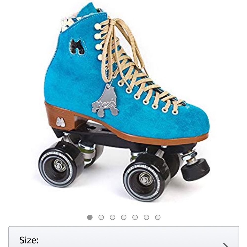Rad Moxie “Lolly” model blue suede roller skates.